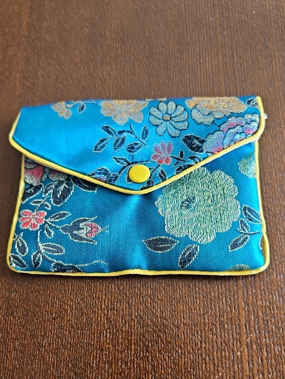 Blue Floral Satin Coin Purse with Yellow Trim